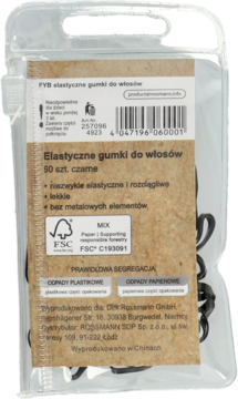 Tył opakowania czarnych, elastycznych gumek do włosów FYB, 50 szt., w blistrze z etykietą Rossmann.