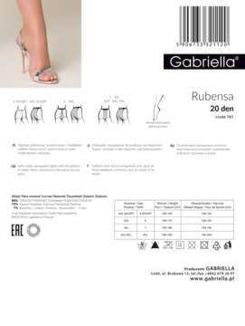 Opakowanie rajstop Gabriella Rubensa 20 den, plus size, półmatowych, przezroczystych, z tabelą rozmiarów 6 SHORT.