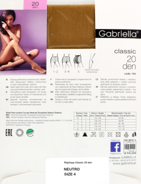 Opakowanie rajstop Gabriella Classic 20 den w kolorze Neutro, widok z tyłu z modelem i tabelą rozmiarów.