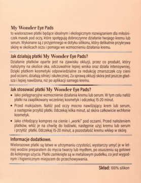 Strona z tekstem opisującym My Wonder Eye Pads: wielorazowe silikonowe płatki pod oczy, ich działanie i użycie.