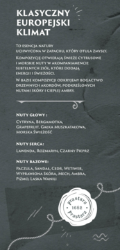 Etykieta Prastara Woda Kolońska 1662 z nutami cytrusów, ziół i ambry na ciemnym tle, widok z przodu.