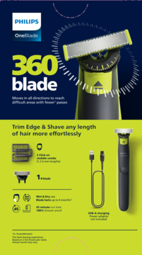 Philips OneBlade 360 blade shaver z zielonym uchwytem i ostrzem, widoczne 3 nasadki grzebieniowe, kabel USB.