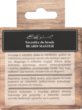 Etykieta produktu: szczotka do brody BEARD MASTER z włosiem dzika i drewnianym uchwytem bukowym.