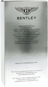 Srebrny tył opakowania perfum Bentley Momentum Intense z listą składników i czarnym logo Bentley.