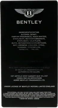 Tył czarnego opakowania perfum Bentley Momentum EDT z białym logo i szczegółową listą składników.