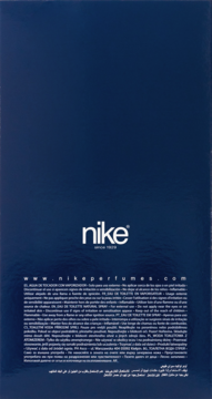 Tył granatowego opakowania wody toaletowej Nike Blue Bamboo, z białym logo i blokiem tekstu.