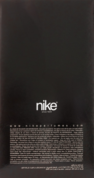 Tył czarnego opakowania perfum Nike, z logo marki i drobnym tekstem informacyjnym u dołu.