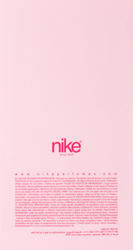 Jasnoróżowe tylne opakowanie perfum Nike z różowym logo Nike Perfumes i drobnym drukiem na dole.