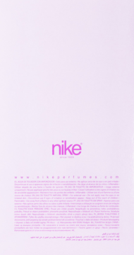 Tył opakowania wody toaletowej Nike Floral Boom EDT. Jasnoróżowe pudełko z logo Nike i drobnym tekstem.