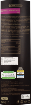 Tył czarnego opakowania Schokoladen Chips Noir 125g, z opisem 51% belgijskiej czekolady i info o recyklingu.