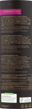 Tył opakowania Das Exquisite Schokoladen Chips Noir, ciemne tło z opisami składników i tabelą odżywczą, 125g.