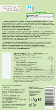 Ciemna czekolada kokosowa 140g w zielonym opakowaniu z białym napisem i logo Fairtrade, widok przodu.