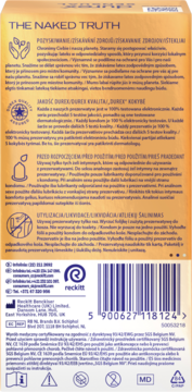Tył żółtego opakowania prezerwatyw Durex Sensual, widoczne napisy o jakości i instrukcje użytkowania.