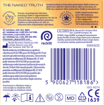 Tył żółtego opakowania prezerwatyw Durex Sensual Slim, z kodem kreskowym i informacjami producenta.