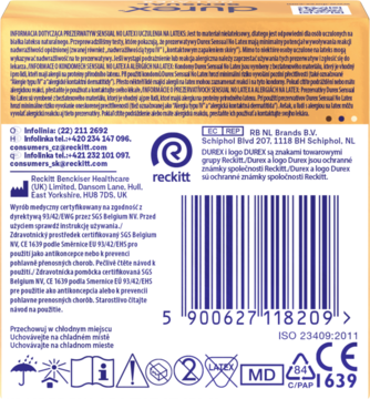 Tył żółtego opakowania nielateksowych prezerwatyw Durex Sensual, z danymi producenta i kodem kreskowym.