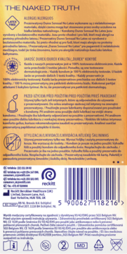 Tył opakowania prezerwatyw Durex Sensual No Latex z kodem kreskowym, QR, informacjami o alergiach i utylizacji.