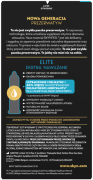 Tył opakowania prezerwatyw SKYN Elite Ekstra Nawilżane, czarne tło, główne cechy: ultracienkie, 40% więcej lubrykantu.