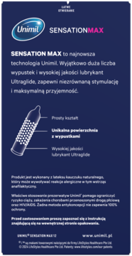 Tył opakowania prezerwatyw Unimil Sensation Max. Ciemnoniebieskie tło, biały tekst i diagram kondoma z wypustkami.