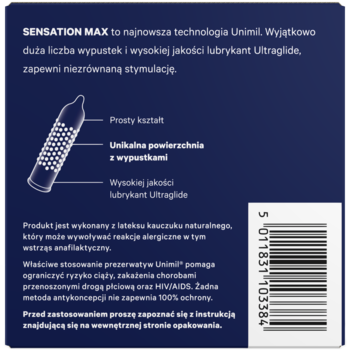 Tył granatowego opakowania Prezerwatyw Unimil Sensation Max, z diagramem prezerwatywy i opisem technologii.