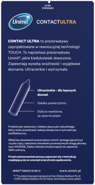 Granatowy tył opakowania Unimil CONTACTULTRA, ultracienkich prezerwatyw. Widoczny rysunek prezerwatywy, opis cech i technologia TOUCH.