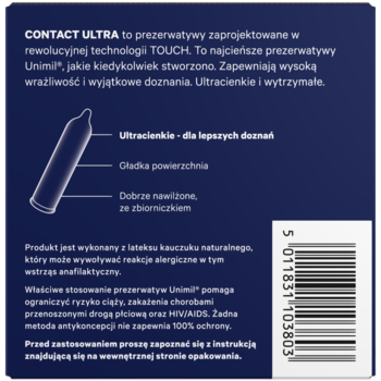 Tył granatowego opakowania Unimil CONTACT ULTRA. Opis ultracienkich prezerwatyw TOUCH i widoczny kod kreskowy.