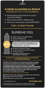 Czarne opakowanie SKYN Supreme Feel, najcieńszych na świecie prezerwatyw z poliizoprenu, 53mm.