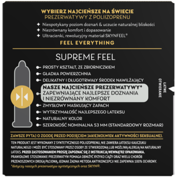Czarno-złota reklama SKYN Supreme Feel, najcieńszych prezerwatyw z poliizoprenu 53mm, z ilustracją produktu.