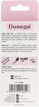 Tył opakowania Donegal Kępki Style Eye V-kształtne sztuczne rzęsy, jasnoróżowe, z opisami i kodem kreskowym.