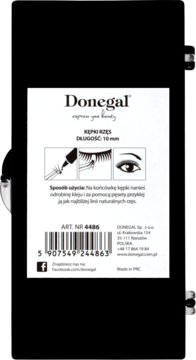 Tył czarnego opakowania Donegal Kępki Rzęs 10mm z diagramem aplikacji, kodem kreskowym i danymi producenta.