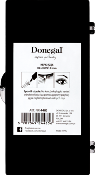 Donegal Kępki Rzęs, tył czarnego, prostokątnego opakowania z instrukcją użycia i kodem kreskowym.