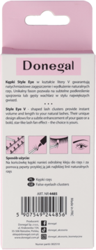 Donegal sztuczne kępki rzęs Style Eye V, tył różowo-białego opakowania z instrukcją i kodem kreskowym.