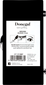 Tył czarnego opakowania Donegal Kępki Rzęs 12mm. Widoczne instrukcje aplikacji, kod kreskowy i dane firmy.