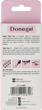 Tył różowo-białego opakowania Donegal Style Eye V, kępek sztucznych rzęs, z opisem, kodem kreskowym i instrukcją.