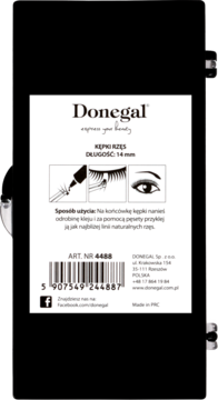 Tył czarnego opakowania kępek rzęs Donegal 14mm, z instrukcjami użycia i danymi producenta w języku polskim.