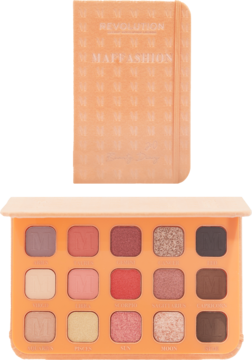 Maffashion x Revolution My Beauty Diary – pomarańczowa paleta cieni, zamknięta w kształcie notesu, i otwarta z 15 odcieniami.