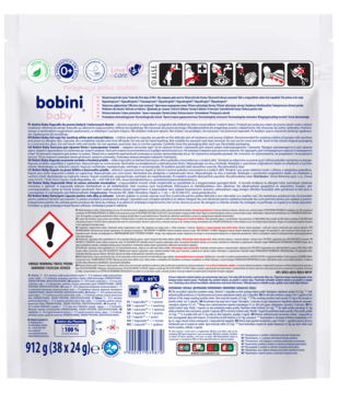 Tył białego opakowania kapsułek do prania Bobini baby 912g, widoczne polskie etykiety i ikony ostrzegawcze.