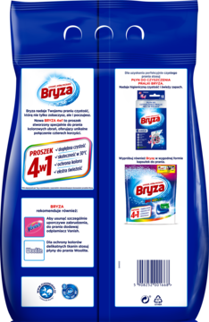 Tył niebieskiego opakowania proszku Bryza Color 4w1 do prania kolorowych ubrań, z opisem i kodem.