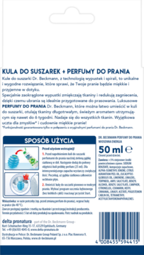 Tył biało-niebieskiego opakowania kuli do suszarek i perfum do prania Dr. Beckmann, z instrukcją użycia i kodem.