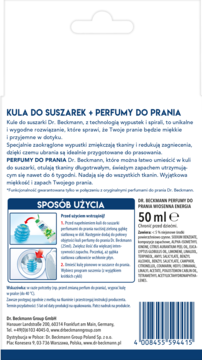 Tył opakowania Dr. Beckmann Kule do suszarek i perfumy do prania Wiosenna Energia, z opisem użycia i składem.