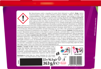 Tył opakowania Persil Deep Clean DISCS 4w1 Color w fioletowej folii z białymi etykietami ostrzegawczymi i danymi produktu.