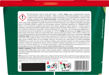 Tył opakowania detergentu Persil Deep Clean 4in1 DISCS Universal. Zielone pudełko, biała etykieta z instrukcjami.