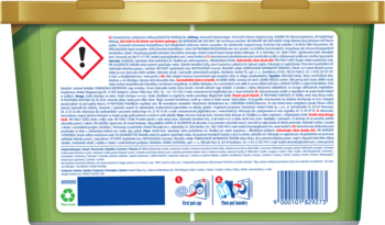 Tył opakowania kapsułek Persil Deep Clean DISCS 4w1 Expert Sensitive z etykietą, ostrzeżeniami i ikonami użycia.