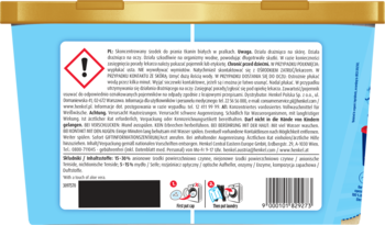 Tył opakowania kapsułek Persil Deep Clean DISCS 4w1 Expert Sensitive, instrukcje, ikony, kod kreskowy.