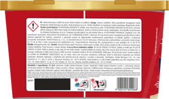 Zbliżenie na tył czerwono-złotego opakowania Persil DISCS 4w1 kapsułek do prania, z etykietą i kodem.