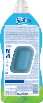 Tył niebieskiego płynu do płukania Silan Fresh Sky 1672ml z instrukcją użycia i kodem kreskowym.