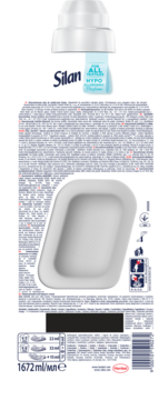 Tył butelki płynu Silan Sensitive & Baby dla skóry wrażliwej. Białe opakowanie, tekst, instrukcje dawkowania.
