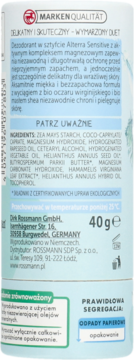 Jasnoniebieski tył opakowania bezzapachowego dezodorantu Alterra Sensitive 40g ze składem i recyklingiem.