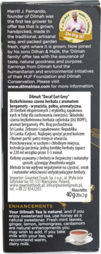 Tył czarnego opakowania herbaty Dilmah Decaf Earl Grey, polski opis bezkofeinowej herbaty z CO2.