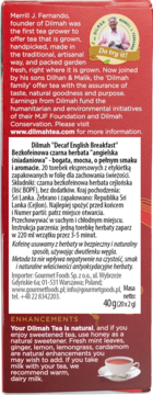 Tył czerwonego opakowania herbaty Dilmah Decaf English Breakfast; opis, skład i metoda dekofeinizacji CO2.