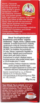 Tył czerwonego opakowania herbaty Dilmah Decaf English Breakfast z listą składników i informacją o bezpiecznej metodzie bezkofeinowej.